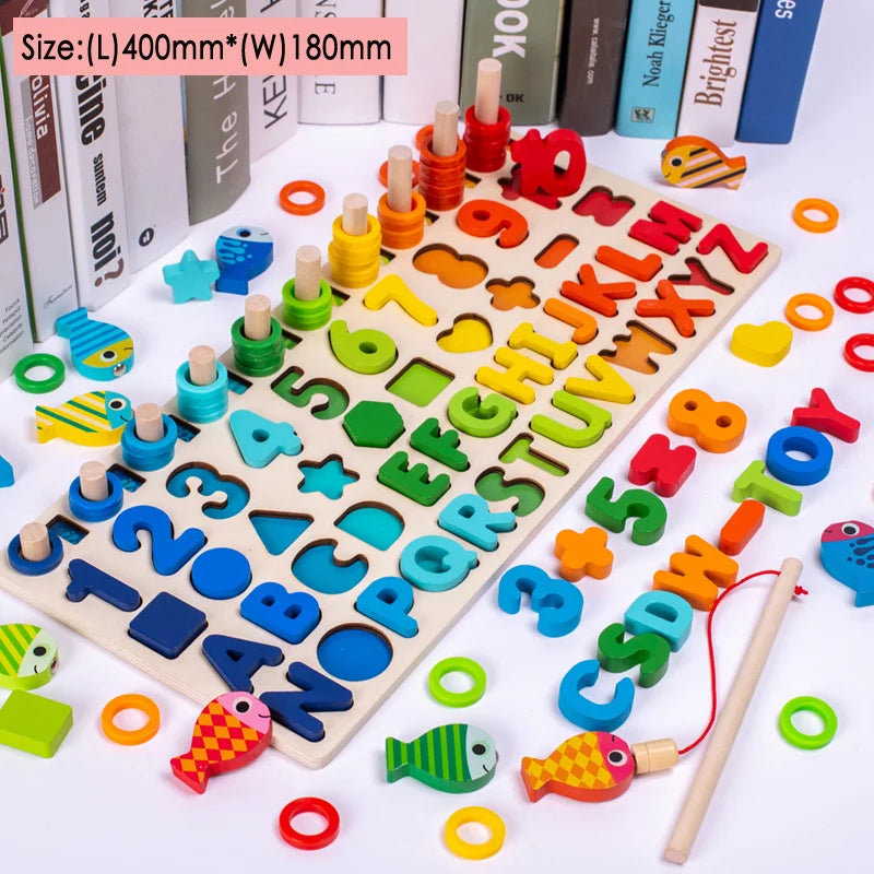 Wooden Number Puzzle Sorting Montessori Toys for Toddlers Shape Sorter Counting Fishing Game Educational Math Stacking Block