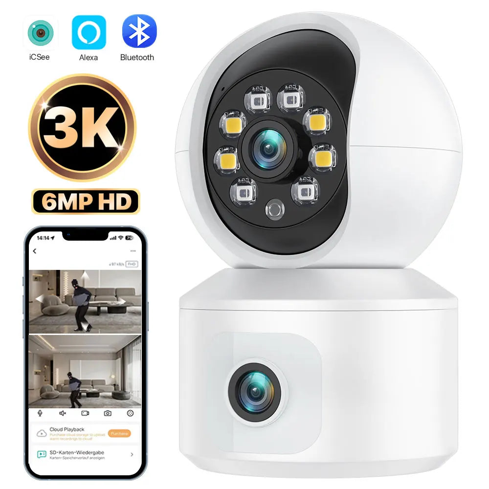 6MP Wifi IP Camera Dual Lens Dual Screen Baby Monitor Home Security Camera PTZ Auto Tracking CCTV Video Surveillance Icsee