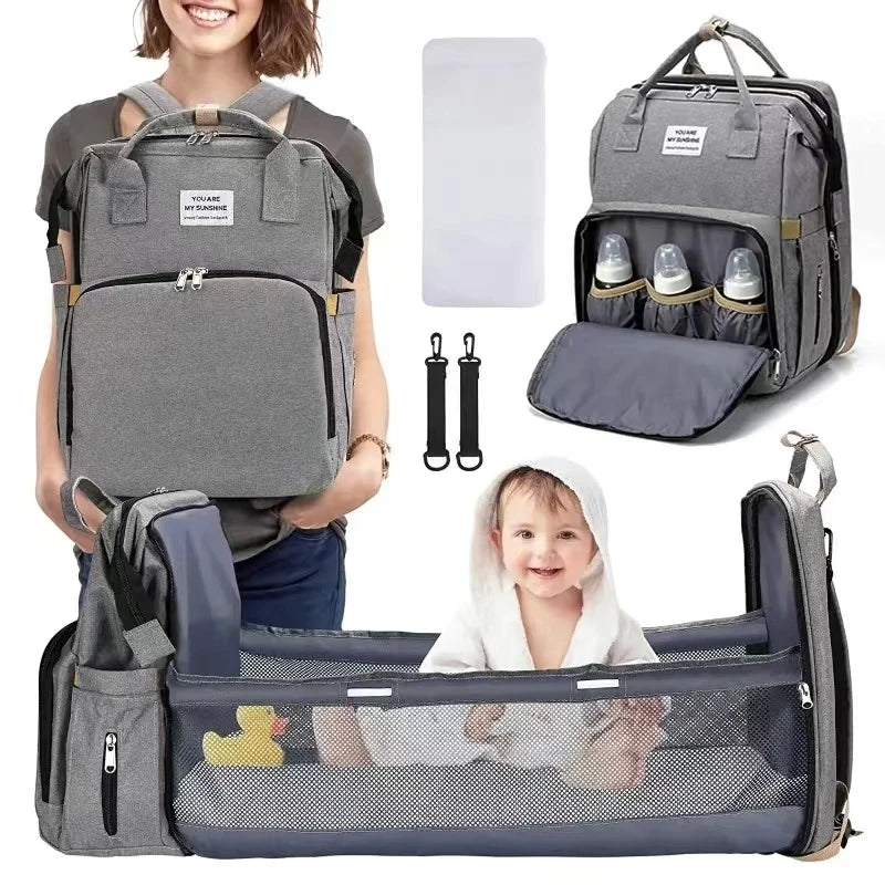 Foldable Bed Diaper Bag with Changing Station Insulated Pocket and Large Capacity Multifunctional Double Shoulder Mommy Bag