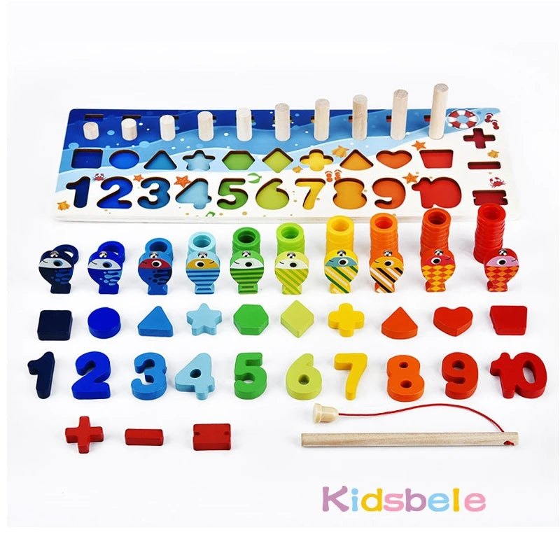 Wooden Number Puzzle Sorting Montessori Toys for Toddlers Shape Sorter Counting Fishing Game Educational Math Stacking Block